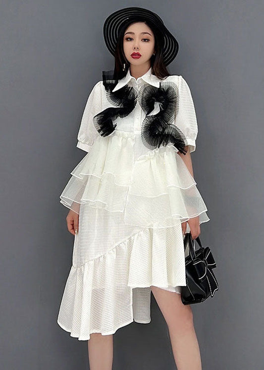 White Peter Pan Collar Asymmetrical Design Ruffles Patchwork Tulle Maxi Dresses Short Sleeve
