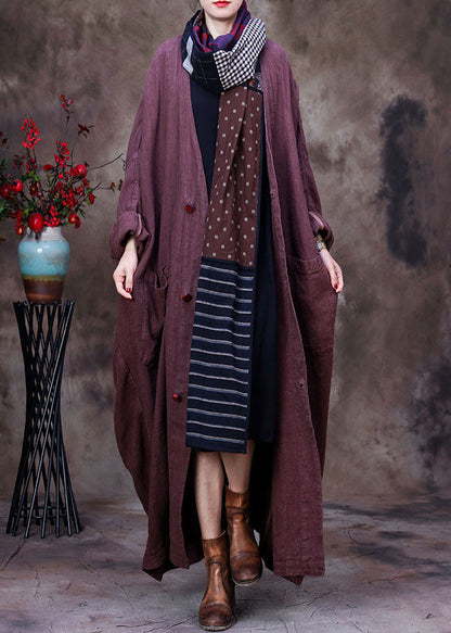 Chocolate Linen Trench Coat V Neck Handmade Long Sleeve Fall