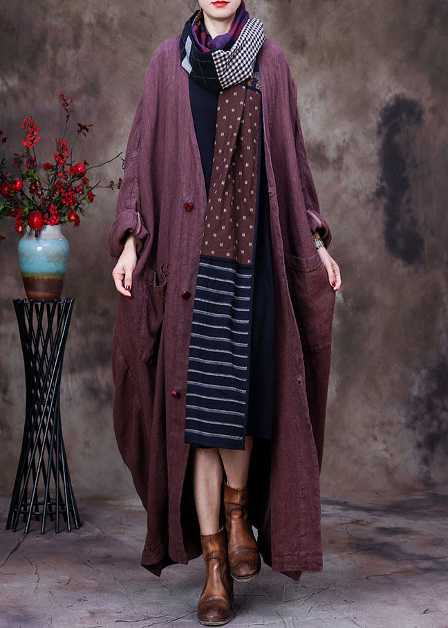 Chocolate Linen Trench Coat V Neck Handmade Long Sleeve Fall