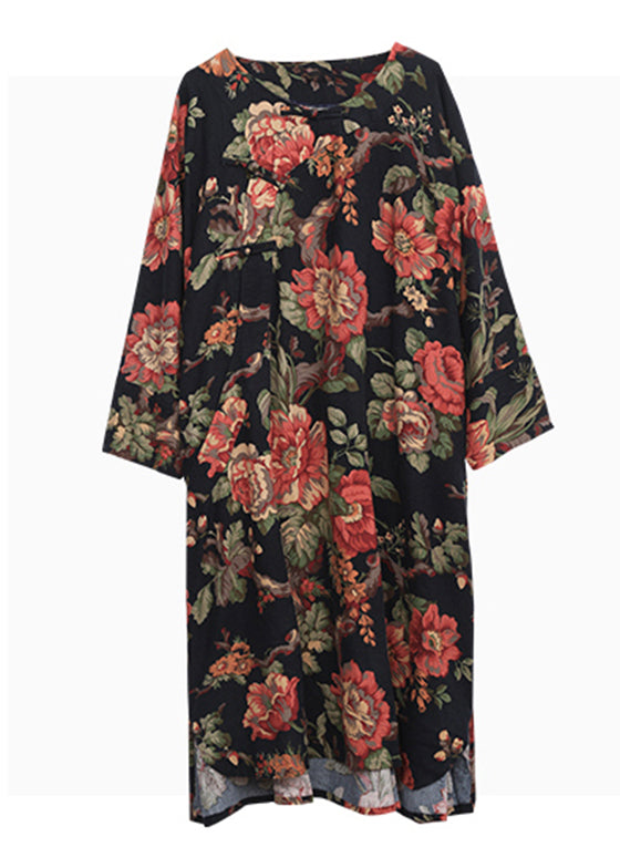 Red Print O-neck Inclined Plate Buckle Dress Long Sleeve