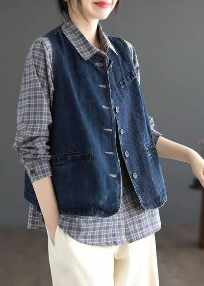 Dark Blue O-neck Pockets Denim Waistcoat Sleeveless