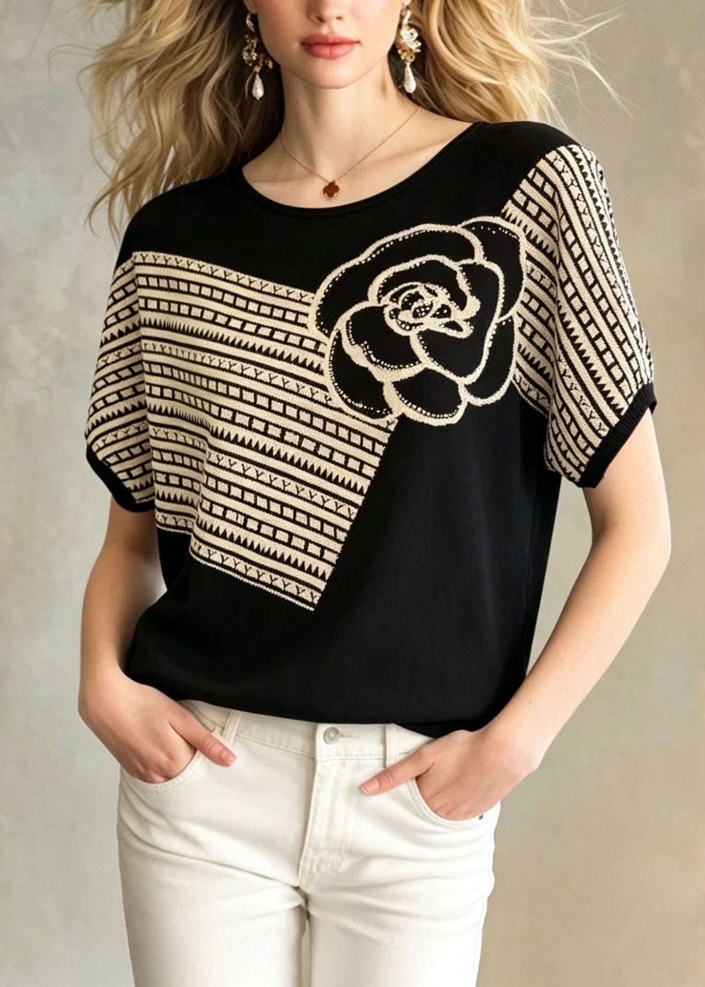 Loose Black O Neck Zircon Knit Top Summer