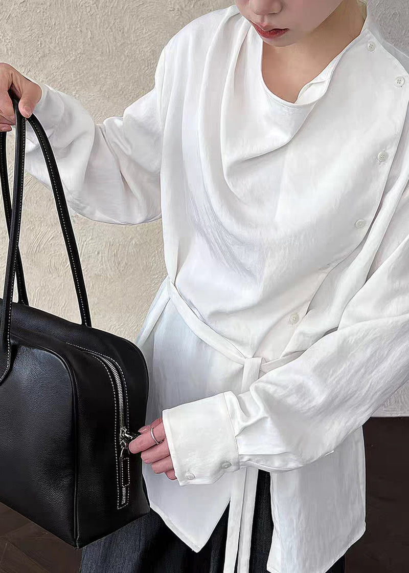 White Stand Collar Button Shirts Lantern Sleeve Spring