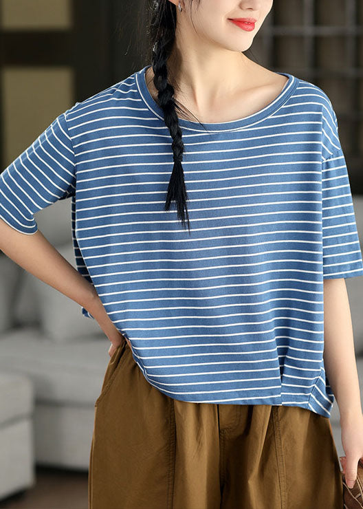 Blue O Neck Striped Linen Top Summer