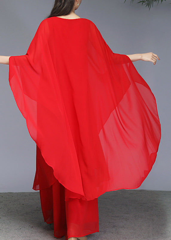 Red Maxi Dress and Wide Leg Pants Two Piece Set Batwin Sleeve