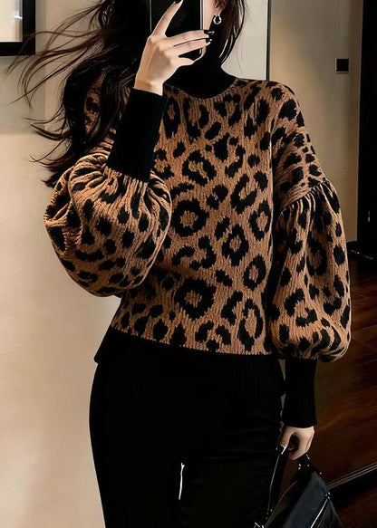 Leopard Hign Neck Puff Sleeve Knitted Sweaters Tops
