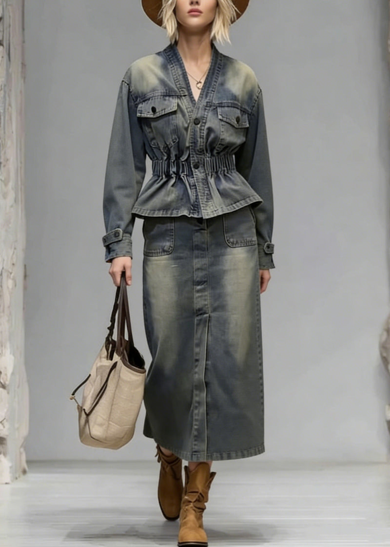 Boutique V Neck Wrinkled Denim Two Piece Set Clothing Spring