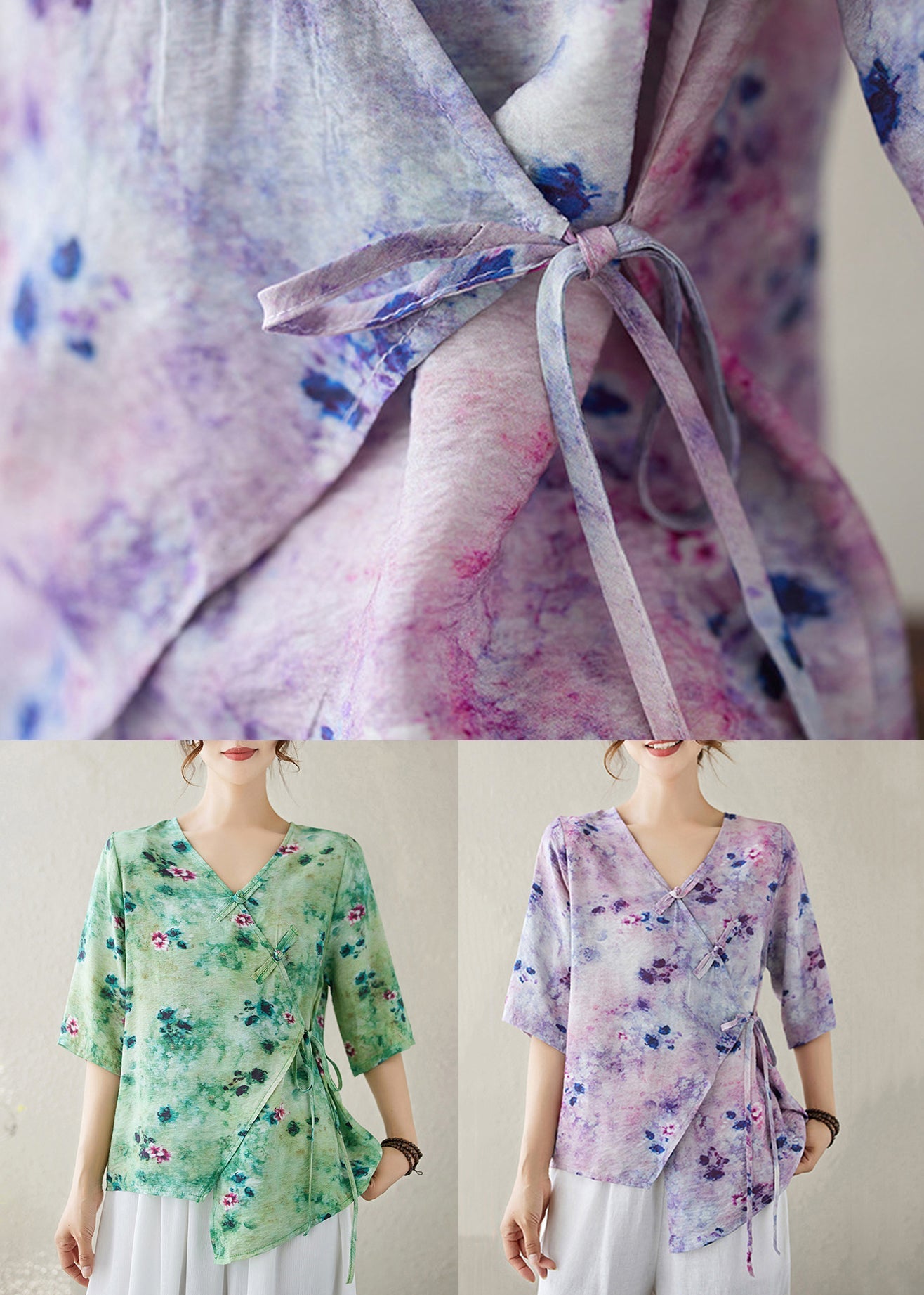 Stylish Purple V Neck Print Lace Up Cotton Shirt Half Sleeve