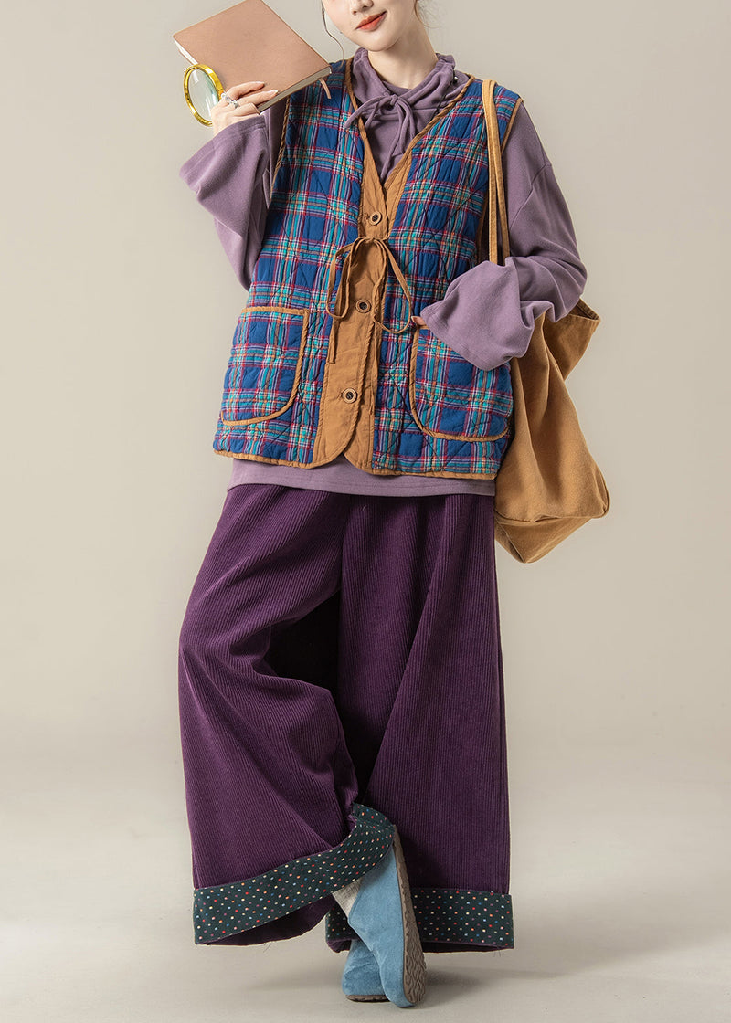 Loose Blue Plaid Lace Up Cotton Filled Waistcoat and Purple Wide Leg Pants Three Pieces Set Sleeveless