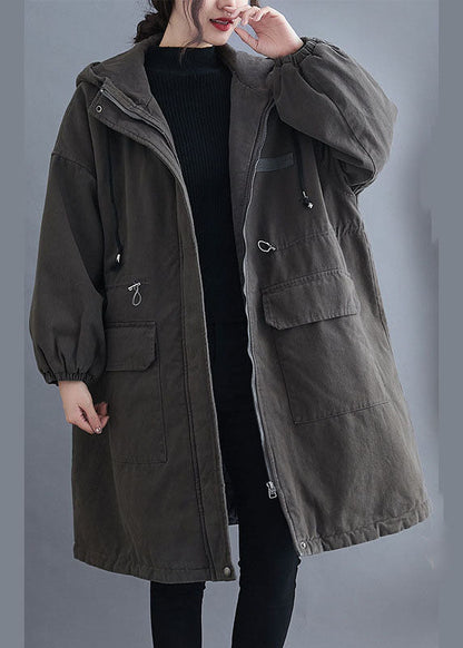 Organic Grey Hooded Zippered Pockets Winter Long Sleeve Coat