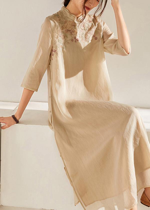 Beige Embroideried Patchwork Button Summer Long Dress