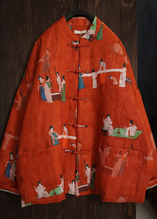 Loose Red Print Chinese Button Pockets Fine Cotton Coats Spring
