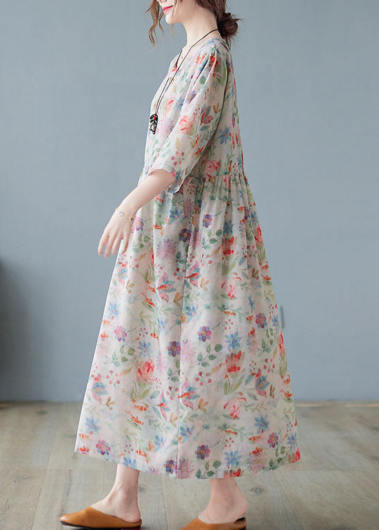 Wrinkled Print Exra Large Hem Linen Long Dress Three Quarter Sleeve