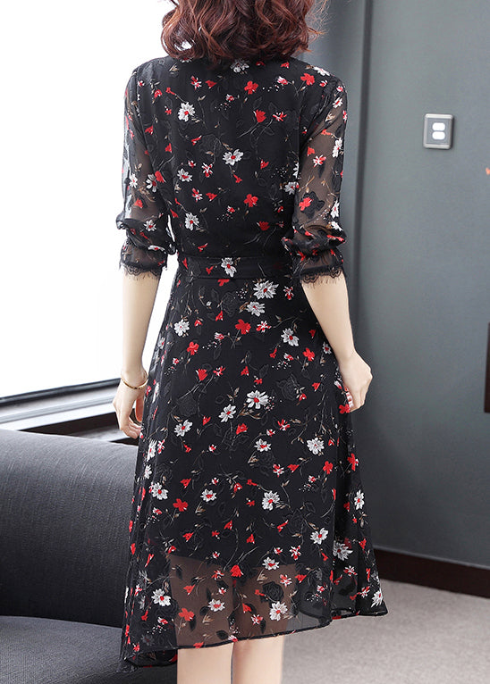 Black V Neck Tie Waist Print Chiffon Party Dress Half Sleeve