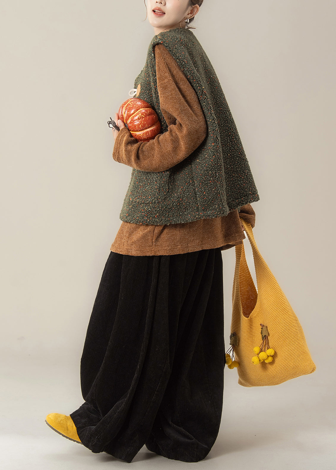 Japanese Style Green Vest and Top Pants Three Pieces Set Winter