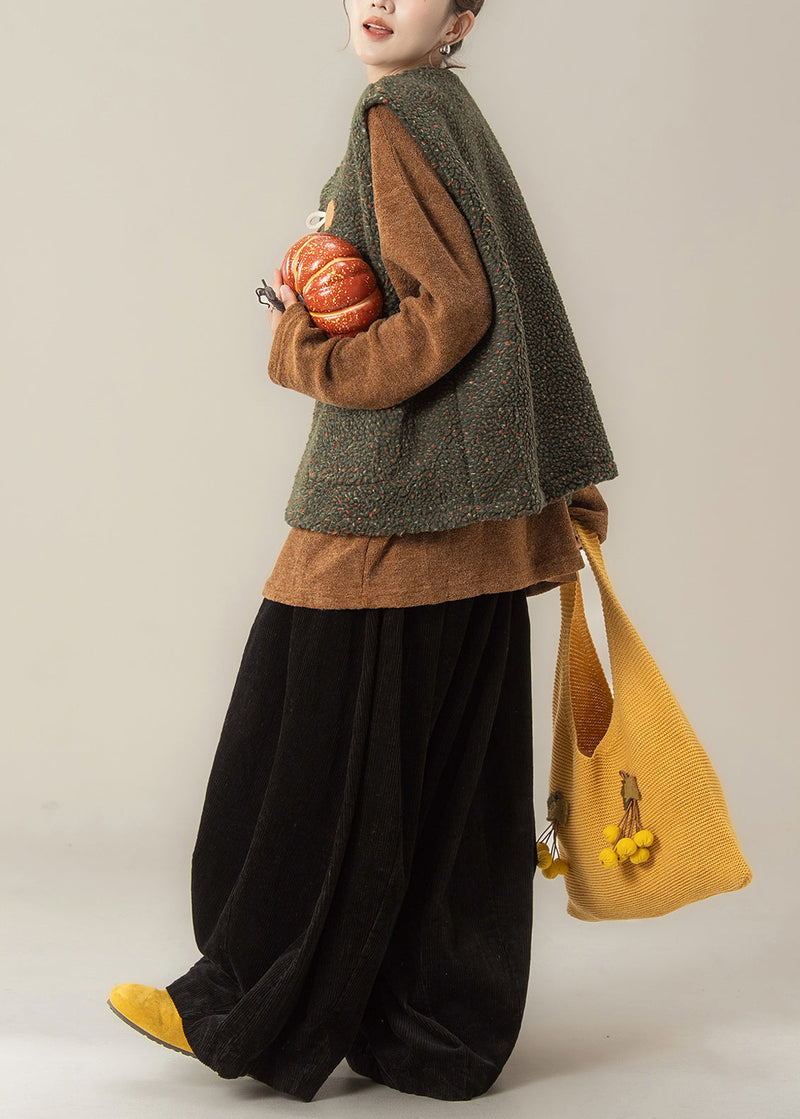 Japanese Style Green Vest and Top Pants Three Pieces Set Winter