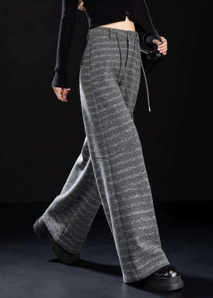 Grey Pockets Striped Woolen Wide Leg Pants Winter