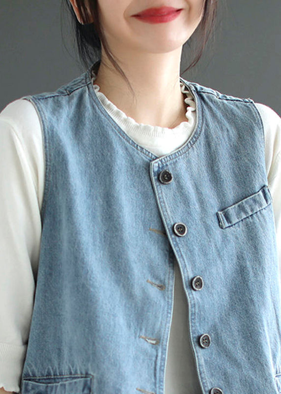 Light Blue O-neck Button Denim Waistcoat Fall