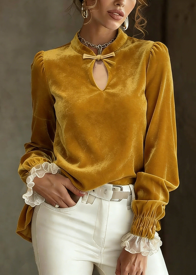 Fitted Yellow Hollow Out Silk Velour Shirts Spring