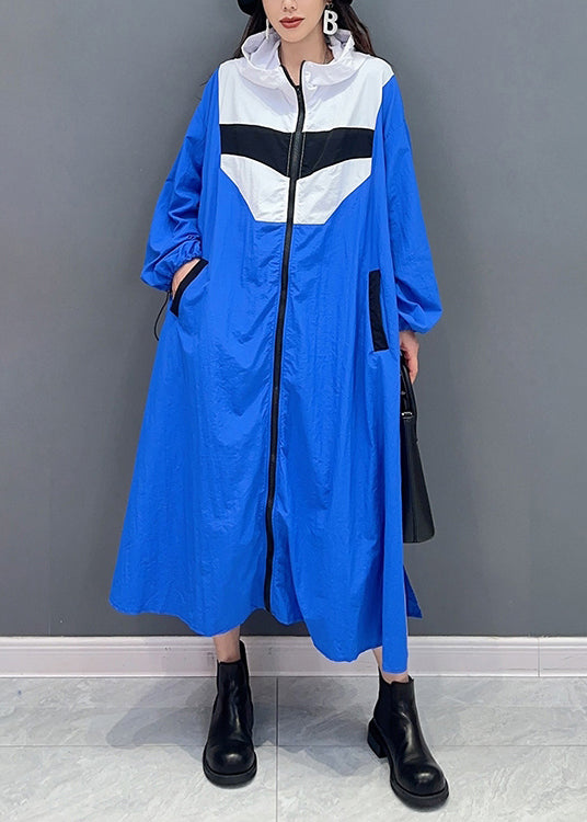 Blue Hooded Pockets Patchwork Long Coat Fall