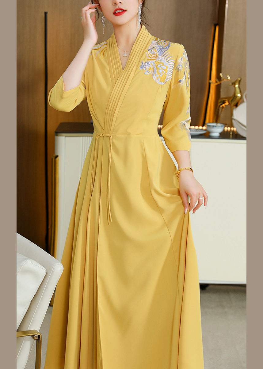 Yellow V Neck Embroideried Drawstring Satin Long Dresses Fall