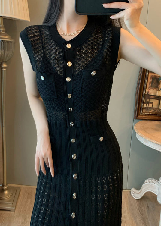 Black Hollow Out Single Breasted Buttons Knit Long Dress Sleeveless