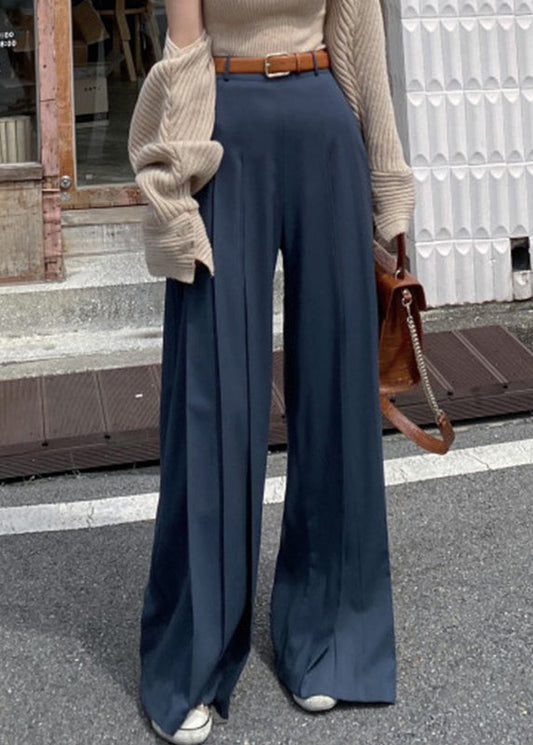 Navy Wrinkled Spandex Wide Leg Pants High Waist