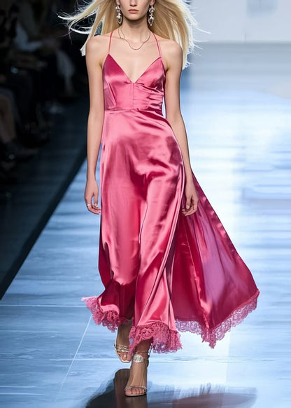 Rose Exra Large Hem Patchwork Lace Silk Halter Dress Summer