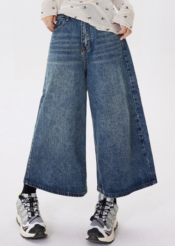 Blue Pockets Patchwork Denim Crop Pants