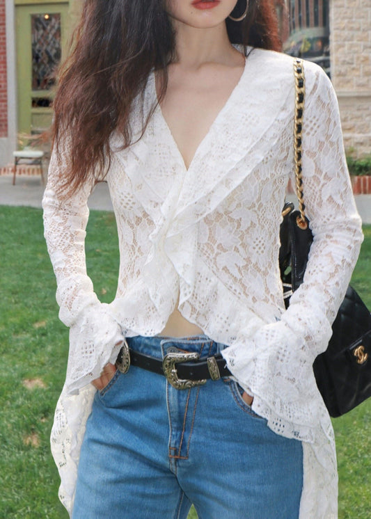 French White Lace Long V-neck Cardigan Fall