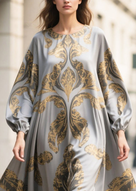 Grey Oversized Print Chiffon Maxi Dresses Fall