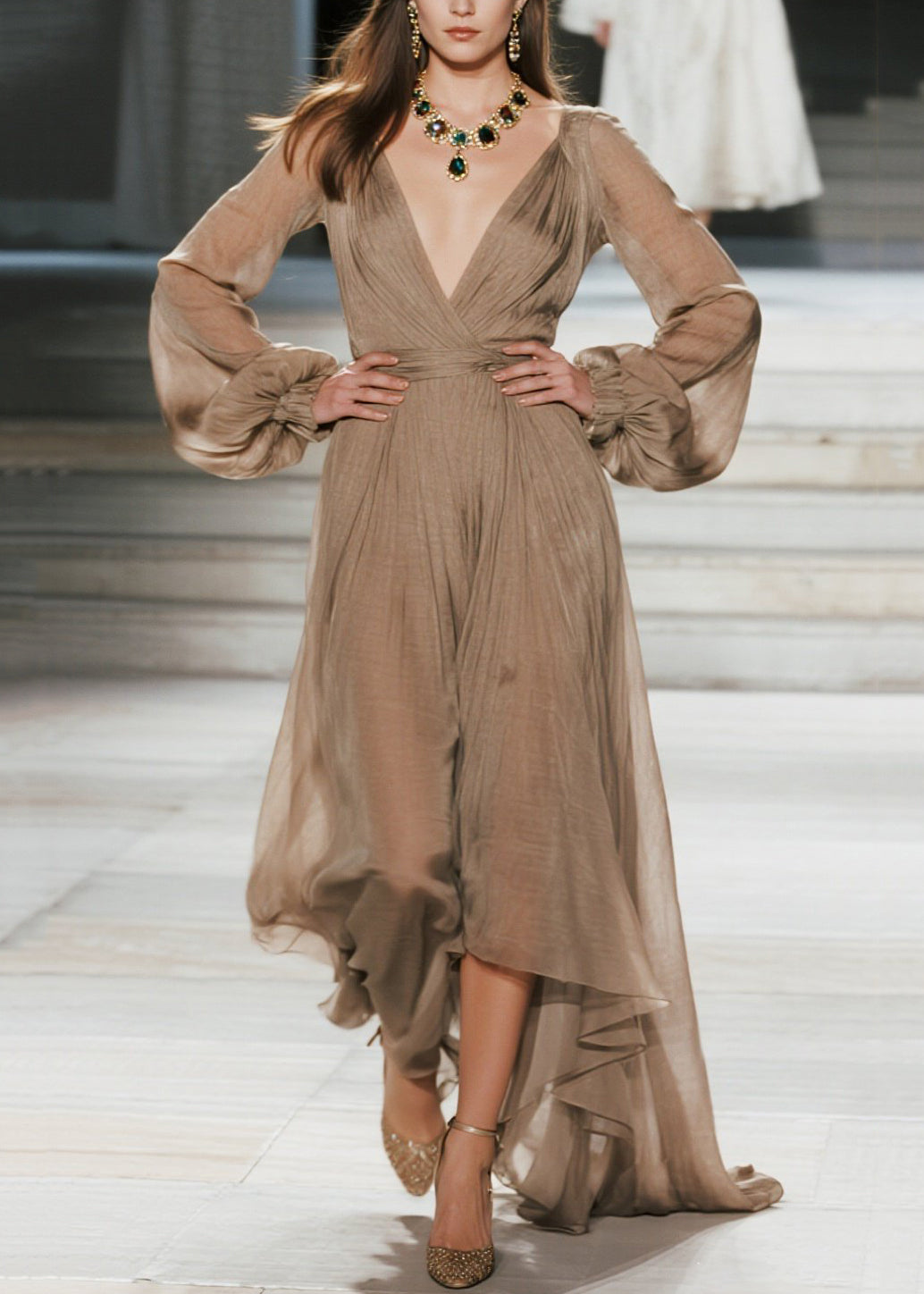 V Neck Wrinkled Patchwork Cotton Maxi Dresses Fall