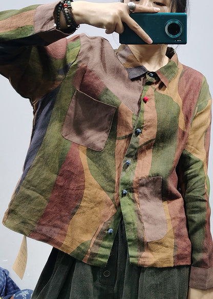 Green Wrinkled Patchwork Linen Shirt Tops Long Sleeve