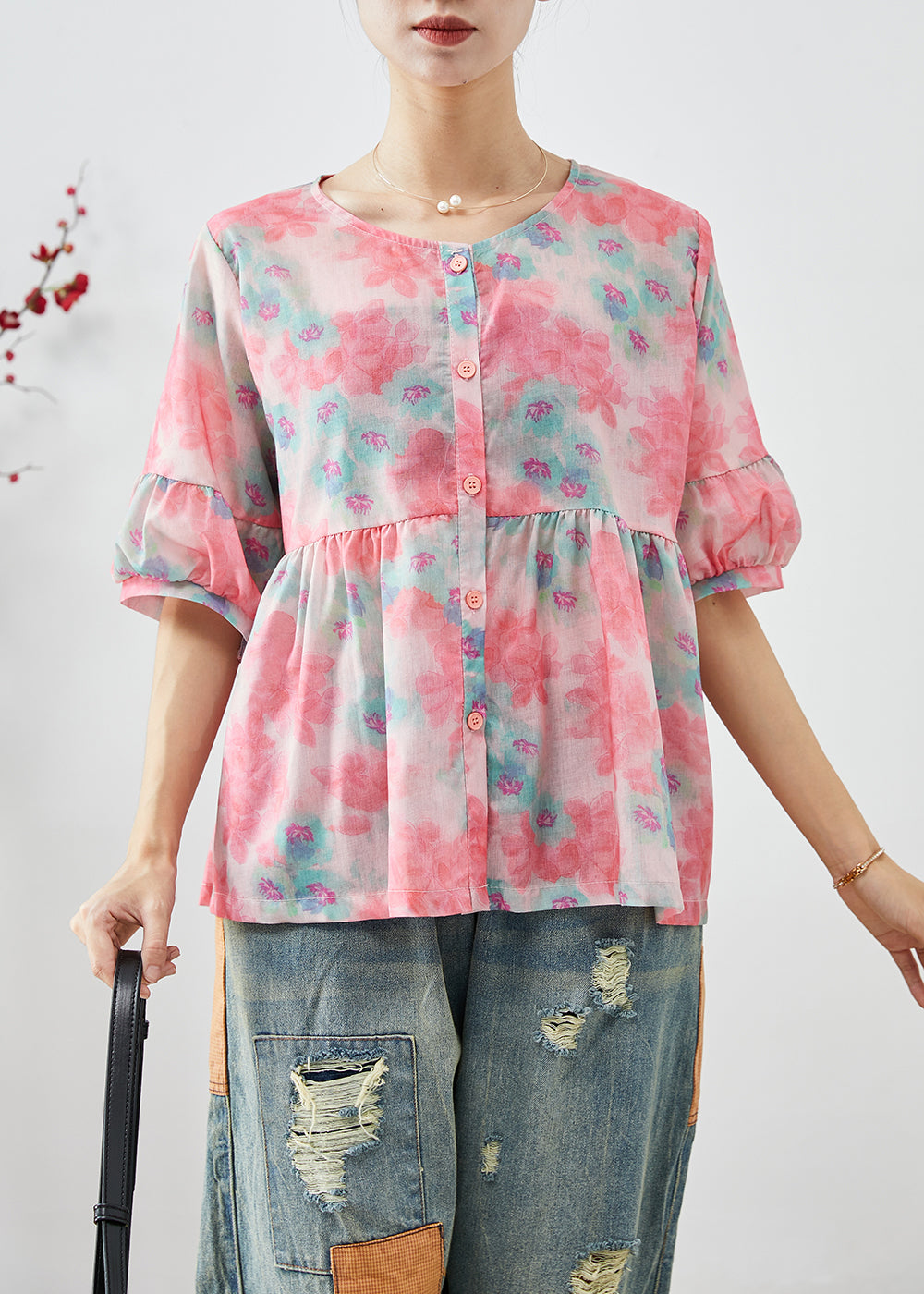 Simple Pink O-neck Print Linen Shirt Tops Half Sleeve