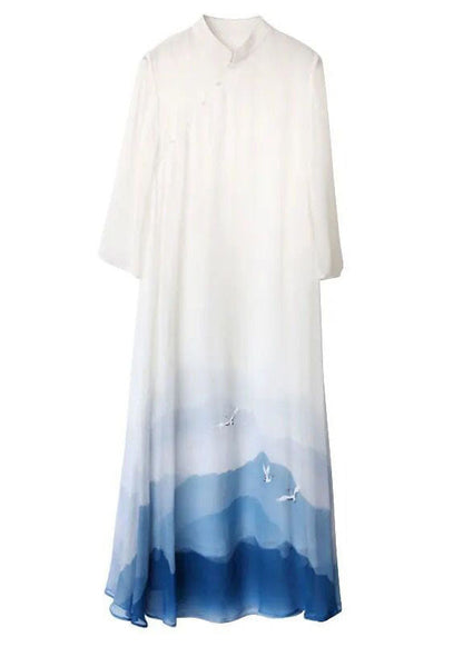 White Stand Collar Patchwork Print Silk Dress Summer