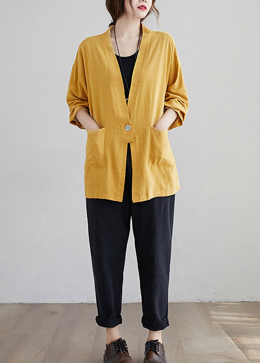 Yellow V Neck Pockets Patchwork Cotton Cardigan Fall