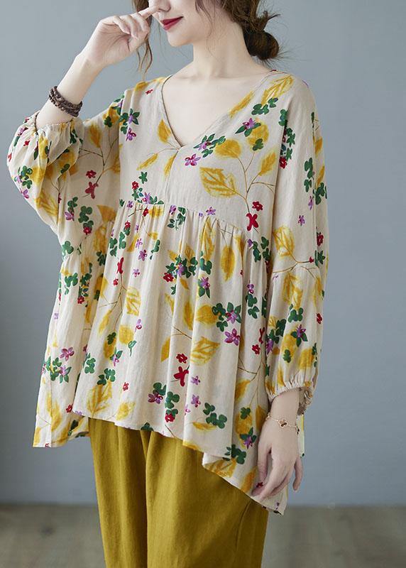 Yellow Ruffles Print Batwing Sleeve Cotton Linen Top