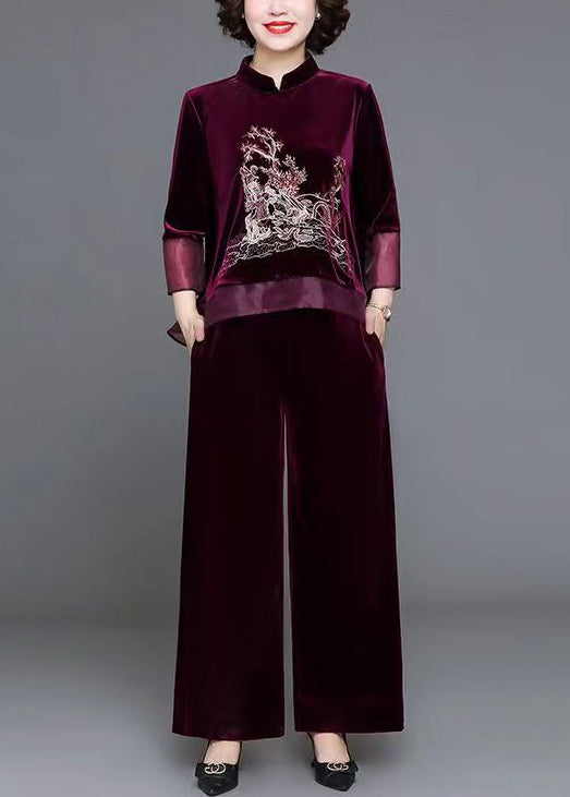 Mulberry Tops and Pants Velour Two Piece Set Embroideried Fall