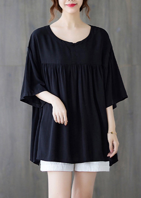 Black O-neck Wrinkled Cotton Tank Tops Half Sleeve