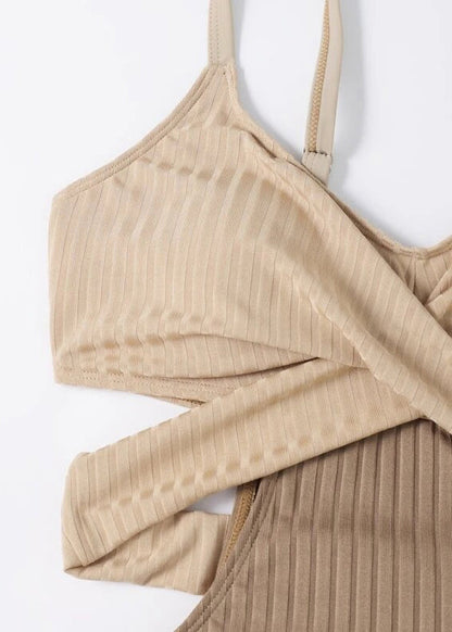 Classy Beige Striped Patchwork Backless Swimwear Bodysuit