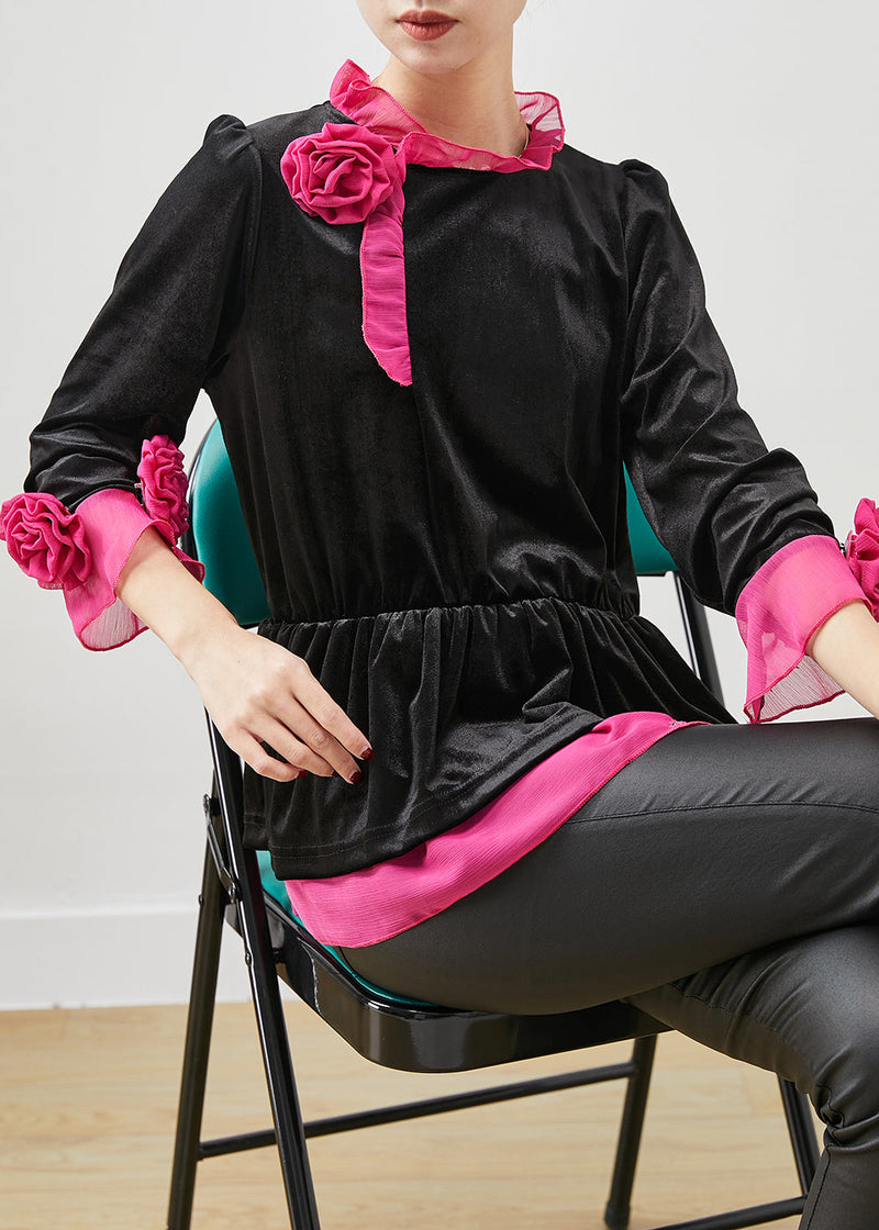 Diy Black Ruffled Patchwork Silk Velour Blouses Spring