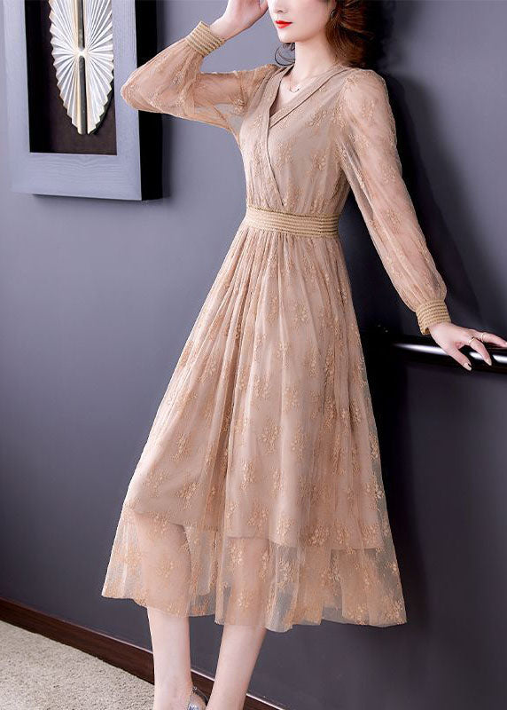Apricot Elastic Waist Hollow Out Lace Dress Spring