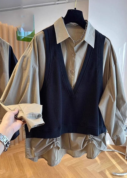 Khaki Peter Pan Collar Patchwork Button Fake Two Pieces Shirts Fall
