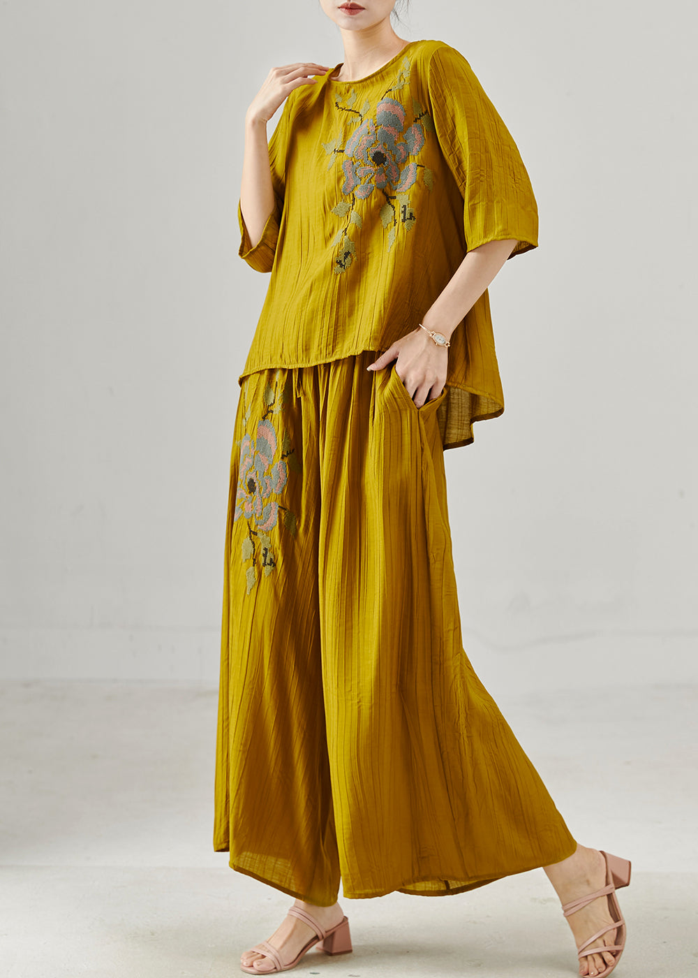 Yellow Embroidered Cotton Two Pieces Set Summer