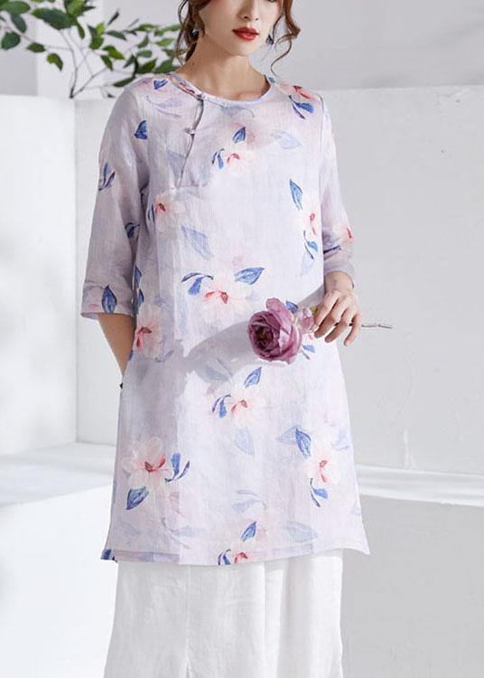 Grey Purple Side Open Print Summer Ramie Shirts Half Sleeve