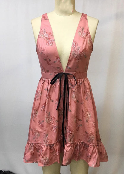 Red V Neck Print Tie Waist Mid Dresses Summer