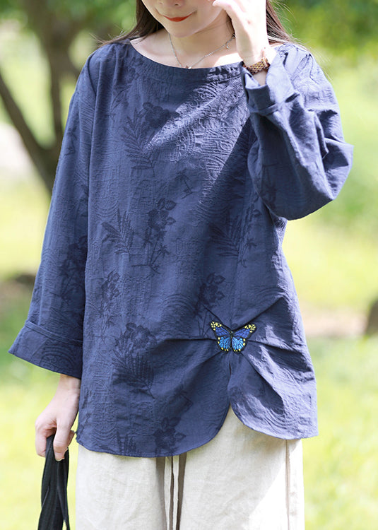 Blue O-neck Jacquard Butterfly Embroideried Cotton Blouses Top Spring