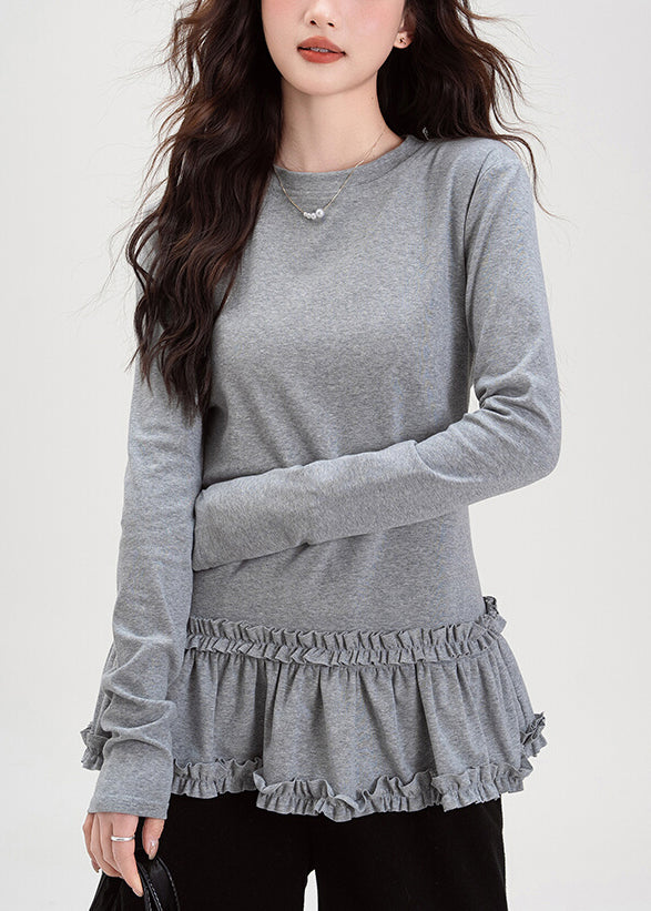 Grey Ruffled Cotton T Shirt Tops O Neck