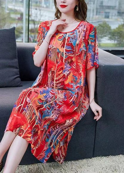 Red O Neck Print Patchwork Silk Mid Dress Summer
