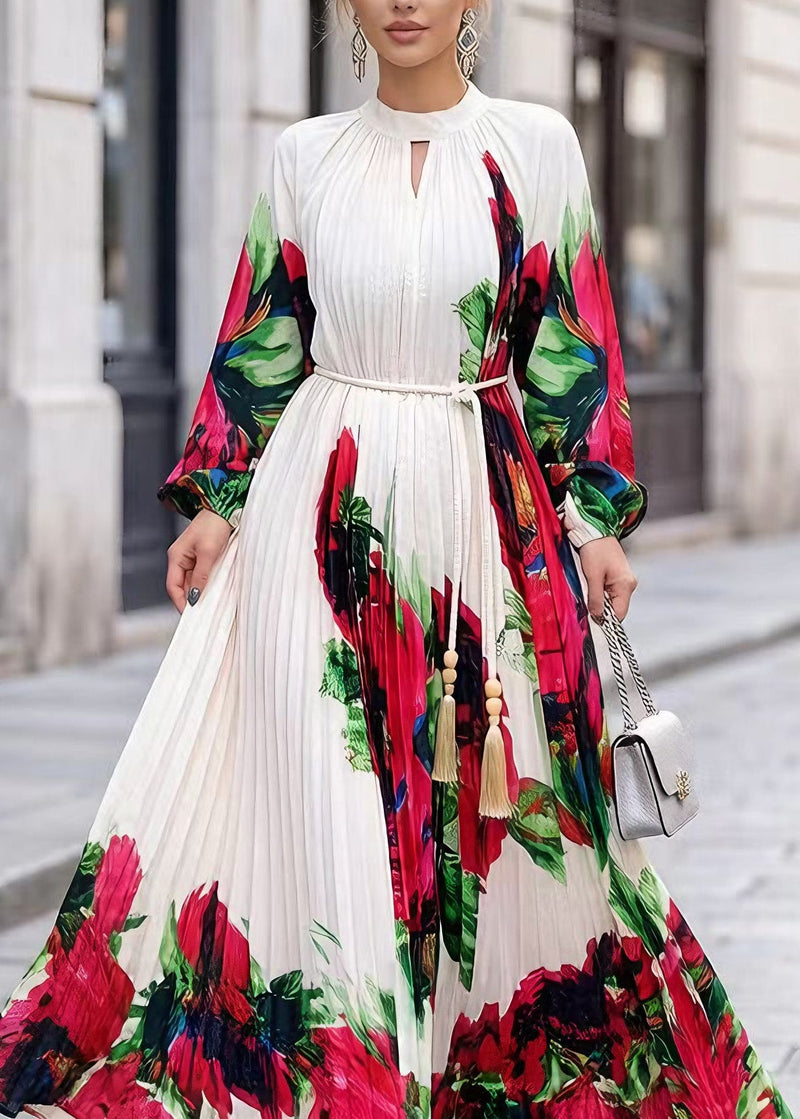 White O Neck Print Chiffon Maxi Dresses Spring